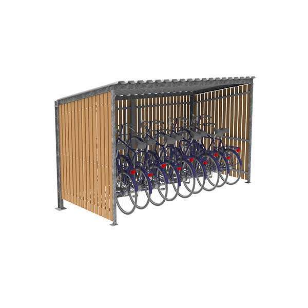 Afbeelding van de FalcoLempo enkelzijdige fietsoverkapping zonder voorste kolommen.