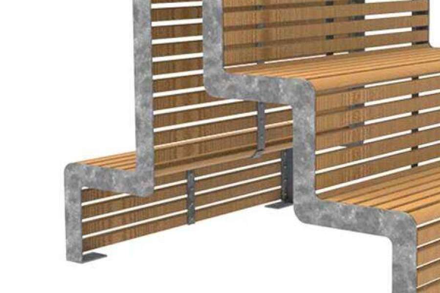 Rendering van de dubbelzijdige FalcoLinea Tribunebank, met dubbele zitplaatsen, duurzaam staal en FSC® gecertificeerd hardhout