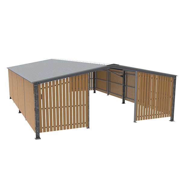 FalcoLempo Combi overkapping met twee enkelzijdige overkappingen en nok, ideaal voor veilige opslag van fietsen en andere zaken.